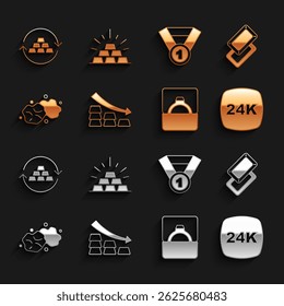 Set Falling arrow with gold bars, Gold, 24k, Diamond engagement ring box, nugget, medal, exchange money and  icon. Vector