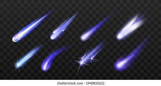 Set of falling blue meteors or comets, realistic vector illustration isolated.