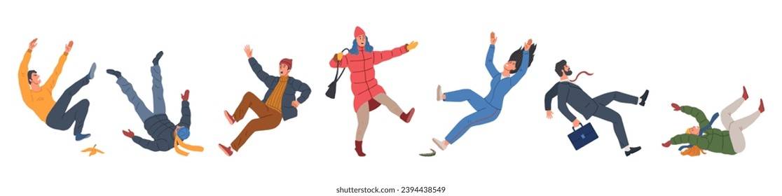 Set of falling characters. Shocked men and women fall to ground. People slip on wet floors or banana peels, stumbling and getting hurt. Cartoon flat vector collection isolated on white background