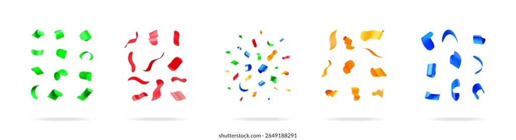 Set of falling confetti. Festive decoration elements in green, red, orange, blue colors. Abstract shapes for celebration event design.