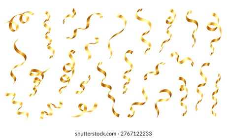 Set of falling glossy spiral curled tinsel, yellow festive confetti for party, celebration. Set of 3d realistic golden party streamers, coil ribbon serpentine isolated on transparent background