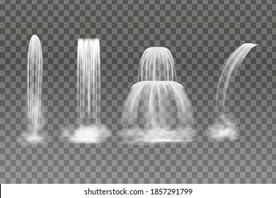 Set of  falling  isolated waterfall  or fluid splash on transparent background.River water and  cascade aqua stream of various shape  with fog.Realistic hill nature fluid splash and drop.