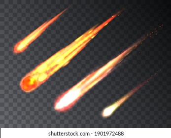 Set of falling luminous comet meteorites. Vector illustration of burning meteorites, asteroids, comets and meteors flying in the Earth's atmosphere to the planet. Isolated on a transparent background.