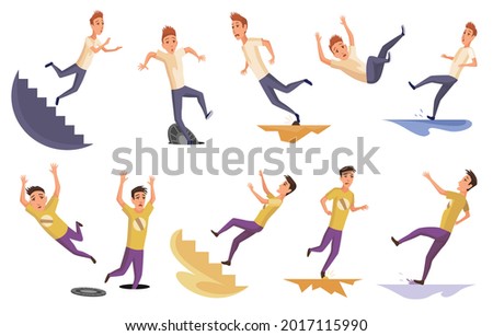 Set of falling man. Falling down people because of stumbling, slipping, accident, injury. Young men dangerous accidents. Bad luck, misfortune, fiasco. Business failure, company crash concept