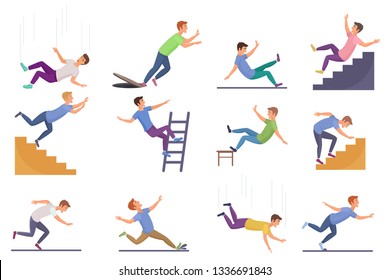 Set of falling man isolated. Falling from chair accident, falling down stairs, slipping, stumbling falling man vector illustration.