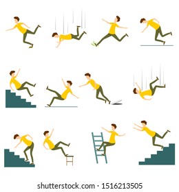 Set of falling man isolated. Falling from chair accident, falling down stairs, slipping, stumbling falling man vector illustration.