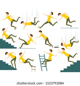 Set of falling man isolated. Falling from chair accident, falling down stairs, slipping, stumbling falling man vector illustration.