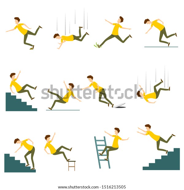倒れる男のセット 椅子から落ちる事故 階段から落ちる事故 滑る事故 転ぶ人物のベクターイラスト のベクター画像素材 ロイヤリティフリー