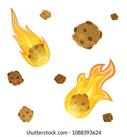 Set of falling meteorites with fire isolated on white background, illustration.