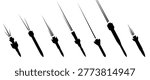 Set of falling missile silhouette with motion trails isolated on white. Black vector illustration of an air strike, ballistic rocket attack, bombardment. Military, defense, warfare, conflict concept
