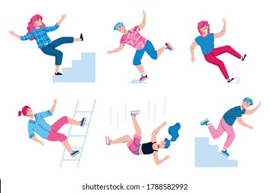 Set of falling people getting injured and wounded, flat vector illustration isolated on white background. Risk of trauma and accident injury collection.