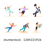 Set of falling people Isolated on white background. The woman slipped on icy road, man tripped over the edge of the carpet. Vector illustration