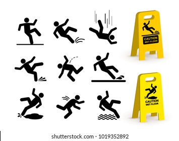 Set of falling person silhouette pictogram. Caution wet floor sign. Vector illustration. Isolated on white background - Shutterstock ID 1019352892