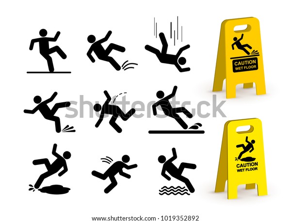 Set of
falling person silhouette pictogram. Caution wet floor sign. Vector
illustration. Isolated on white
background