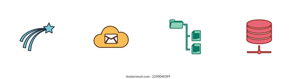 Set Falling star, Cloud mail server, Folder tree and Server, Data, Web Hosting icon. Vector