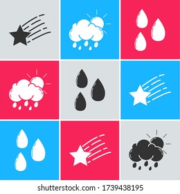 Set Falling star, Cloud mit Regen und Sonne und Wasser Drop Ikone. Vector