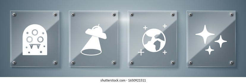 Set Falling star, Earth globe, UFO flying spaceship and Alien. Square glass panels. Vector