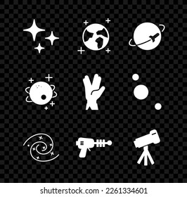 Estrella de caída, globo terrestre, planeta, agujero negro, arma de rayos, telescopio y icono de saludo vulcano. Vector