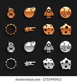 Set Estrela em queda, globo terrestre, asteroide, sol, nave de foguete, robô e ícone de planeta. Vetor
