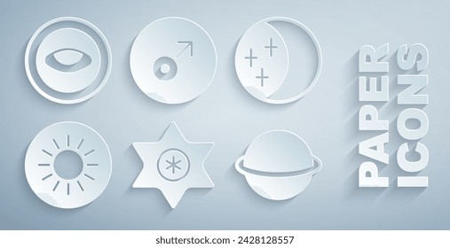 Set Falling star, Eclipse of the sun, Sun, Planet Saturn, Mars symbol and Medallion with eye icon. Vector