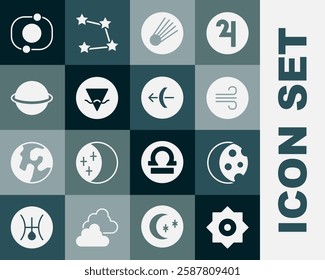 Set Falling star, Eclipse of the sun, Windy weather, Comet, Earth element, Planet Saturn, Solar system and Sagittarius zodiac icon. Vector