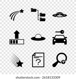 Set Falling star, Folder tree, UFO flying spaceship, , Unknown document and search icon. Vector