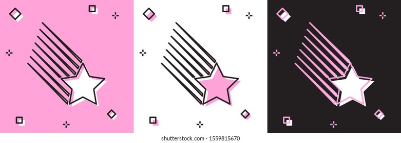 Set Falling star icon isolated on pink and white, black background. Shooting star with star trail. Meteoroid, meteorite, comet, asteroid, star icon.  Vector Illustration