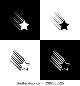 Set Falling star icons isolated on black and white background. Shooting star with star trail. Meteoroid, meteorite, comet, asteroid, star icon. Line, outline and linear icon. Vector Illustration