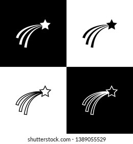 Set Falling star icons isolated on black and white background. Shooting star with star trail. Meteoroid, meteorite, comet, asteroid, star icon. Line, outline and linear icon. Vector Illustration