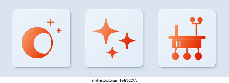 Set Falling star, Moon and stars and Mars rover. White square button. Vector