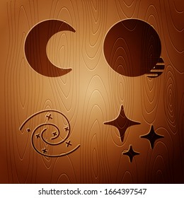 Set Falling Stern, Mond und Sterne, Schwarzes Loch und Planet auf Holzhintergrund. Vektorillustration