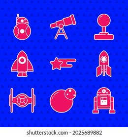 Estrella de caída, Planeta, Robot, barco de cohetes, cósmico, Joystick e icono. Vector