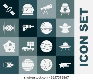 Set Estrela em queda, nave espacial voadora UFO, Telescópio, Ray gun, Cósmico, Satélite e Planeta ícone. Vetor