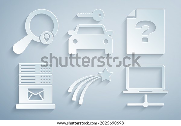 Set Falling star,\
Unknown document, Mail server, Computer network, Car rental and\
Search location icon.\
Vector