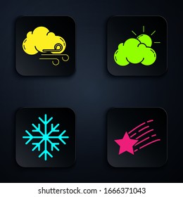 Set Falling star, Windy weather, Snowflake and Sun and cloud weather. Black square button. Vector