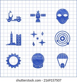 Set Falling stars, Astronaut helmet, Space capsule and parachute, Solar system, Sun, Rocket launch from the spaceport, Alien and Mars rover icon. Vector