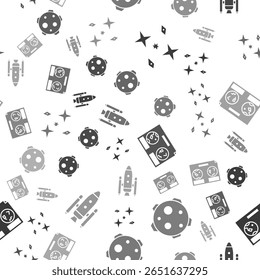 Set Falling stars, Planet, Celestial map of the night sky and Space shuttle and rockets on seamless pattern. Vector