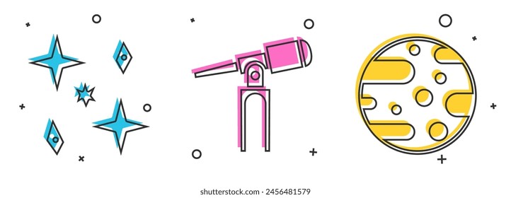 Set Falling stars, Telescope and Planet Mars icon. Vector