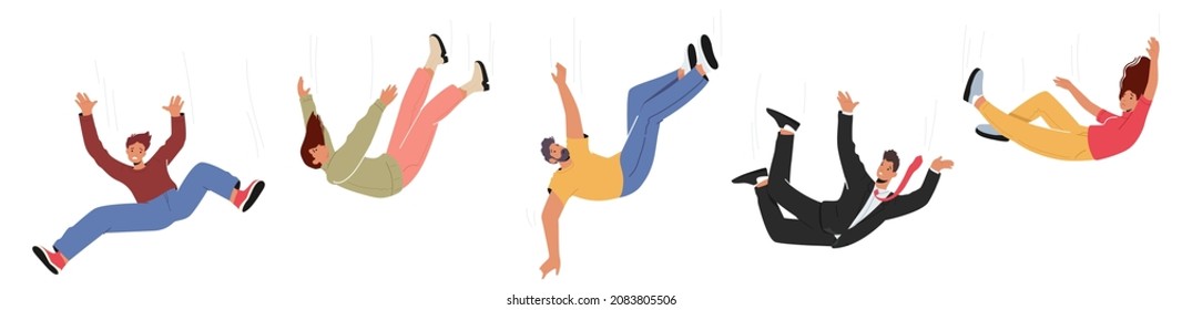 Set of Falling Unhappy Male and Female Characters. Shocked People Falling Down due Stumbling, Slipping, Accident, Injury, Danger, Risk, Mental Disorder, Loneliness Concept. Cartoon Vector Illustration