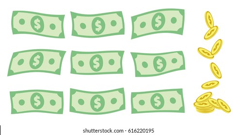 Set of falling US dollar bank notes and golden coins isolated on white. Stylized curved flying currency bills. Vector eps8 illustration.