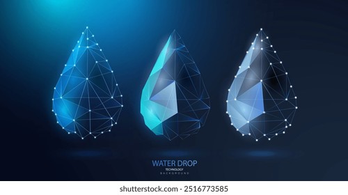 Conjunto de caída de agua. Icono de agua eco en baja poli. Fondo de ecología futurista. Elemento de conexión de estructura de alambre líquido Aqua. Ilustración vectorial.