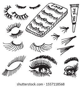 Set false eyelashes. Artificial eyelashes and eyelash bundles. beautiful eyes with false eyelashes. Vector illustration hand drawn isolated on white background for design and web.