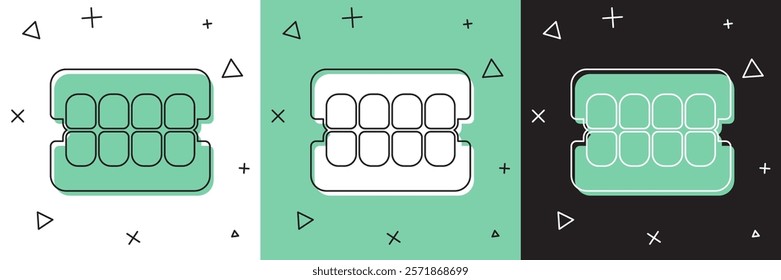 Set False jaw icon isolated on white and green, black background. Dental jaw or dentures, false teeth with incisors.  Vector