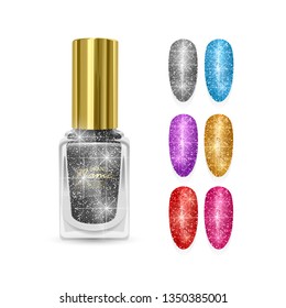 Set of false nails for manicure with glittering texture and realistic black polish, manicure accessories on white background vector illustration