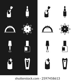 Set False nails, Manicure lamp, Milling cutter for manicure, Nail polish, Bottle of,  and  icon. Vector