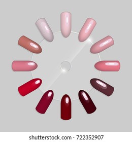 Set of false nails for manicure. Tips. Varnish color palette for nail extension. Artificial nails on transparent basis.