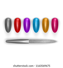Set of false nails for manicure. Varnish color palette for nail and nail file. Vector illustration
