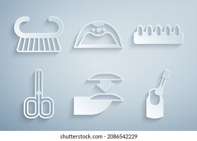 Set False nails, Nail scissors, manicure, Manicure lamp and Pedicure brush grater icon. Vector