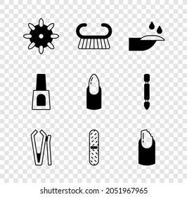Set False nails, Pedicure brush or grater, Nail manicure, cutter, file, Broken, Bottle of polish and  icon. Vector