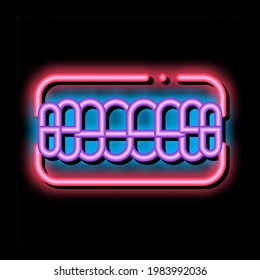 Set Of False Teeth Stomatology neon light sign vector. Glowing bright icon transparent symbol illustration